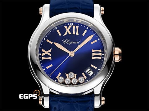 CHOPARD 蕭邦 Happy Sport 快樂鑽 278582-6012 藍色面盤 原廠5顆跑鑽 半金款 不鏽鋼 大三針&nbsp;2026年保單 最新快拆式錶帶 石英機芯 36mm