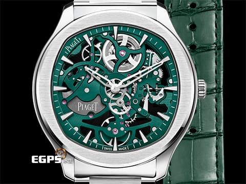 PIAGET 伯爵 Polo Skeleton系列 枕型 G0A47008 不鏽鋼材質 綠色鏤空面盤 微型自動盤超薄鏤空機芯&nbsp;2025年保卡 新式快拆帶系統 附原廠綠色皮革錶帶&nbsp;自動上鍊 42mm