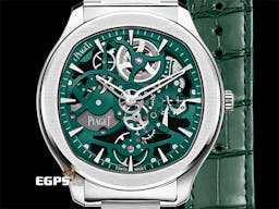 PIAGET 伯爵 Polo Skeleton系列 枕型 G0A47008 不鏽鋼材質 <font color="#4cc844">綠色鏤空面盤 微型自動盤超薄鏤空機芯</font><font color="#FF0000">&nbsp;2025年保卡 新式快拆帶系統 附原廠綠色皮革錶帶</font>&nbsp;自動上鍊 42mm