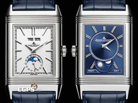Jaeger Le-Coultre 積家 REVERSO Reverso Tribute Moon Q3918420 不銹鋼材質 GMT JLC特色獨特雙時區月相翻轉REVERSO工藝 高水準工藝~藍白雙色面盤~   2024年保單  手動上鍊 49.4 x 29.9 mm