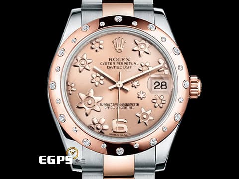 ROLEX 勞力士  LADY-DATEJUST 178341 18K玫瑰金材質半金款 巧克力色花朵圖案面盤 原廠鑲嵌24顆鑽石錶圈 自動上鍊 31mm