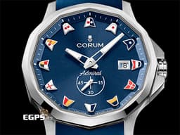CORUM 崑崙 Admirals Cup Competition 42 海軍上將 395.110.20/F373 AB52 不鏽鋼材質 <font color="#49bcd7">海軍藍色放射太陽紋面盤</font> <font color="#FF0000">2022年保卡 經典海事旗幟彩繪時標</font> 自動上鍊 42mm