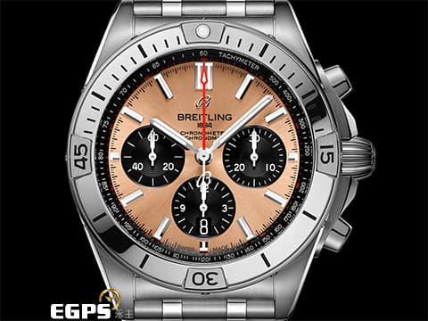 BREITLING 百年靈 CHRONOMAT B01 AB0134 計時碼表 AB0134101K1A1 不鏽鋼鍊帶款 銅色 鮭魚色面盤 百年靈B01自製機芯 飛行錶 2022年保單 自動上鍊 42mm