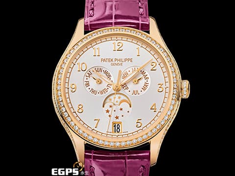 Patek philippe 百達翡麗 PP錶 4947R 玫瑰金材質 銀白色面盤 4947R-001 原廠鑲鑽 年曆錶 月相盈虧 自動上鍊 複雜功能系列 年曆 月相 原廠鑲鑽 PP印記，2024年保單   此錶歡迎各路錶友以 PP、AP、RM、勞力士 來店交換，本店將以最高價評估～ 38mm