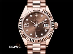 ROLEX 勞力士 Lady-Datejust 279175 18K玫瑰金材質 <font color=#ffaf81>巧克力面盤 原廠星形鑽石時標 鑲8顆鑽石的18K金羅馬數字IX</font> <font color=#ff0000>2017年保卡 新錶訂價：1,181.500元 元首型（President）錶帶</font> 自動腕錶 28mm