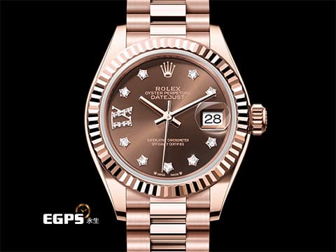 ROLEX 勞力士 Lady-Datejust 279175 18K玫瑰金材質 巧克力面盤 原廠星形鑽石時標 鑲8顆鑽石的18K金羅馬數字IX 2017年保卡 新錶訂價：1,181.500元 元首型（President）錶帶 自動腕錶 28mm