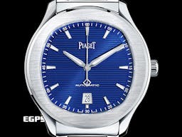 PIAGET 伯爵 Polo Date系列 G0A41002 枕型 <font color="#4169e1">藍色橫條紋雕紋面盤</font> 大三針 不鏽鋼材質&nbsp;<font color="#FF0000">2025年保卡</font> 自動上鍊 42mm