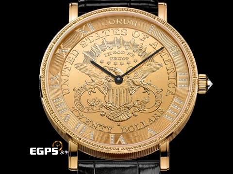 CORUM 崑崙 經典系列 金幣錶 082.515.56/0001 MU65 18K黃金材質錶殼、帶扣 22K黃金材質背蓋 Double Eagle 自由女神頭像雙鷹金幣 2021年保單 台灣公司貨 錶友未使用蒐藏品 新錶參考訂價：1,580,000元 自動上鍊 43mm