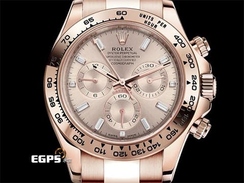ROLEX 勞力士  Cosmograph Daytona 宇宙計時型 迪通拿 116505A 計時碼表 永恆玫瑰金&nbsp;停產絕版款式 日亮金色面盤 原廠鑲嵌方形鑽石時標&nbsp;2019年保卡&nbsp;自動上鍊 40mm