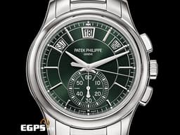 Patek Philippe 百達翡麗 PP錶 Complications 複雜功能時計 Flyback Chronograph Annual Calendar&nbsp;<font color="#6B8E23">橄欖綠色日輝紋面盤</font>&nbsp;5905/1A-001 飛返 計時碼表 年曆錶 不鏽鋼&nbsp;<font color="#FF0000">2023年保單 </font>自動上鍊 42mm