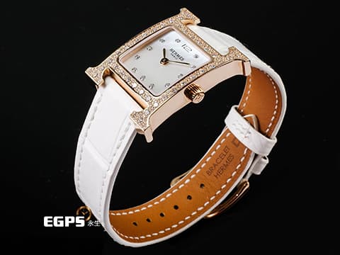 HERMES 愛馬仕 Hermes H 系列 HH1.274 18K玫瑰金材質 珍珠貝母面盤 原廠鑽石錶圈 原廠鑽石時標   2024年保單 經典款式  石英腕錶 25mm