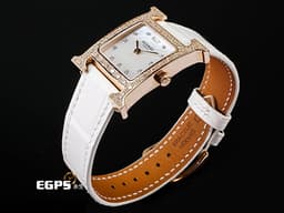 HERMES 愛馬仕 Hermes H 系列 HH1.274 18K玫瑰金材質 <font color=#cadff0>珍珠貝母面盤 原廠鑽石錶圈 原廠鑽石時標 </font> <font color=#FF0000> 2024年保單 經典款式 </font> 石英腕錶 25mm