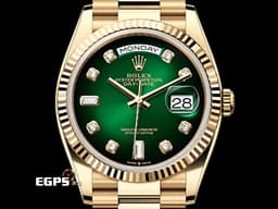 ROLEX 勞力士 蠔式 Day-Date 36 DD 128238 18K黃金材質 <font color="#70cce1"> 原鑲鑽石時標</font> <font color="#32CD32"> 漸變綠色面盤 </font> <font color="#FF0000">2020年新式保卡</font> 自動上鍊 36mm
