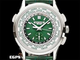 Patek Philippe PP 百達翡麗 複雜功能時計 5930P-001 PT950鉑金材質 5930 世界時間 日夜顯示 <font color=#82D900>綠色手工車花編織波紋面盤</font> Calatrava Cross折疊帶扣 <font color=#FF0000> 2022年保單 未使用蒐藏品 新錶訂價：3,472,000元</font> PP印記 自動上鍊 39.5mm