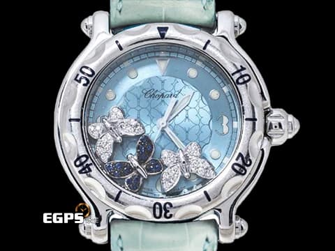蕭邦錶 CHOPARD Happy Sport系列 HAPPY BUTTERFLY 快樂鑽 288452-3001 不鏽鋼材質&nbsp;原廠鑲嵌2隻共0.30ct鑽石蝴蝶 1隻 0.16ct藍寶石蝴蝶&nbsp;石英機芯 38.5 mm