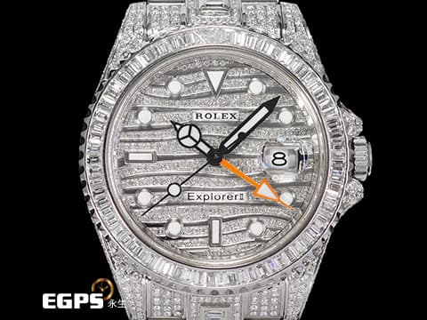 ROLEX 勞力士 EXPLORER II 探險家2型 216570 GMT 兩地時區 橘色兩地時間指針 自動上鍊  精鑲滿天星鑽錶，梯鑽錶圈、虎紋鑲鑽面盤、滿鑲錶殼錶帶及帶扣，鑲到快滿出來的超級奢豪鑲鑽錶款！  42mm