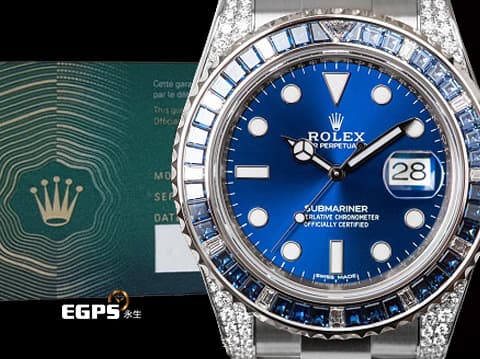 ROLEX 勞力士 SUBMARINER 116659SABR 116659 18K白金材質 原廠藍寶石鑽石錶圈 原廠鑲鑽錶耳   2021年單新式綠卡，頂級藍水鬼，稀有夢幻收藏款！  此錶歡迎各路錶友以 PP、AP、勞力士 來店交換，本店將以最高價評估～ 自動上鍊 40mm