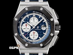 Audemars Piguet 愛彼 AP錶 Royal Oak Offshore 皇家橡樹離岸型 26401PO.OO.A018CR.01 PT950鉑金材質 <font color=#49bcd7>藍色面盤、原廠藍色皮帶</font> <font color=#ff0000>鉑金貓 2019年新式保卡 附藍色橡膠錶帶</font> 計時碼錶 陶瓷框 自動上鏈 44mm