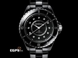 CHANEL 香奈兒 J12 Caliber 12.2系列 Black Ceramic H9742 <font color=#4F4F4F>黑陶瓷</font> <font color=#ffff00>鑲嵌12顆鑽石時標(總重約0.06克拉)</font> <font color=#FF0000>新機芯 透明錶背 2025年保卡</font> 自動上鍊 33mm