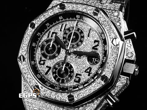 Audemars Piguet 愛彼 AP錶 Royal Oak Offshore 26470ST 皇家橡樹離岸型 灰熊 原廠絕版灰色鱷魚背棘錶帶  ROO 計時碼錶 精鑲鑽石錶圈、漫天星面盤、錶耳 自動上鏈 42mm