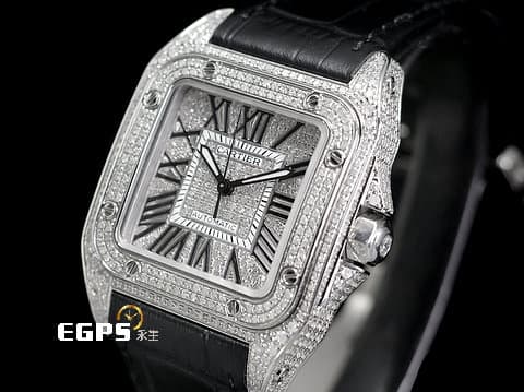 CARTIER 卡地亞 Santos 100 山度士 中型款 精鑲鑽石 錶殼、錶腹、錶冠，精鑲嵌滿滿高等級天然美鑽 、滿天星鑽石面盤 自動上鍊 36mm