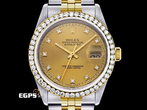 ROLEX 勞力士 DATEJUST 16233 經典蠔式日誌型 自動上鍊 黃K金半金款 原鑲十鑽面盤 精鑲鑽圈 自動上鍊 36mm