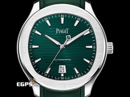 PIAGET 伯爵 Piaget Polo Date G0A48022 不鏽鋼材質 <font color=#FF0000>2024年保單 保有部分原廠膠膜 </font> <font color=#49ca42>綠色雕紋面盤 百搭易襯、標誌性的枕形錶殼造型</font>  自動上鍊 42mm