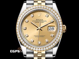 ROLEX 勞力士 DATEJUST 蠔式日誌型 126283 半金款 126283RBR <font color=#FF0000>2024年保單 紀念型 五珠鏈帶</font> <font color=#ffff00>超夯香檳色面盤 原廠鑲鑽錶圈 原廠鑲鑽時標 </font> 自動上鍊 36mm