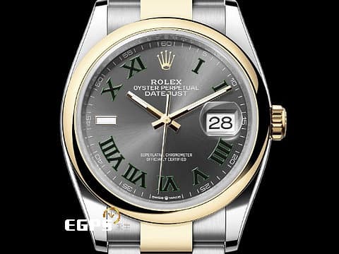 ROLEX 勞力士 Datejust 36 蠔式日誌型 126203 石板灰色面盤搭配綠色羅馬時標 溫布頓 經典 DJ36 半金款 18K黃金 2024年保單 蠔式（Oyster）三節錶帶 自動上鍊 36mm