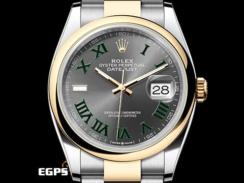 ROLEX 勞力士 Datejust 36 蠔式日誌型 126203 石板灰色面盤搭配綠色羅馬數字時標 溫布頓 經典 DJ36 半金款 18K黃金 2024年保單 蠔式（Oyster）三節板帶 自動上鍊 36mm