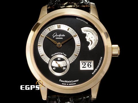 Glashutte Original 格拉蘇蒂 原創 GO錶 PanoMaticLunar系列 90-02-06-01-04 德國腕錶工藝 經典偏心面盤 招牌雙鵝頸微調裝置、3/4夾板 玫瑰金材質 月相盈虧 大日期窗 小秒針 台灣公司貨 自動上鏈 40mm