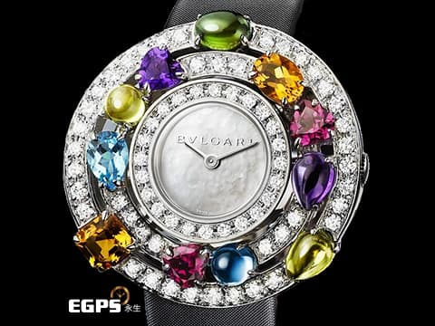 BVLGARI 寶格麗 Astrale 璀燦星空 102010 原廠鑲鑽 珍珠貝母面盤&nbsp; AEW36G 彩寶腕錶 鑲飾橄欖石、碧璽、黃水晶、石榴石、紫水晶、帕托石 18K白金材質&nbsp;2020年保單 錶友蒐藏品 石英腕錶 36mm
