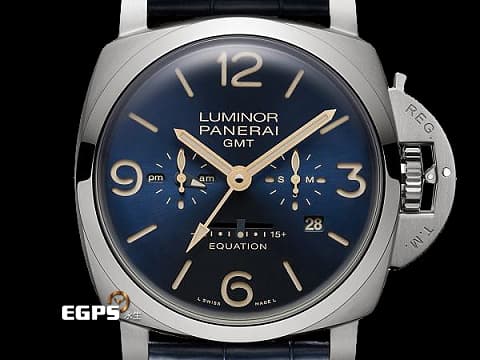 PANERAI 沛納海 Luminor 1950 PAM670 PAM00670 GMT 8日鏈 鈦金屬材質 時間時差顯示功能 月份、日期顯示 第二時區日夜顯示 藍色放射紋面盤  Equation of Time 時間等式 2024年保卡  動力儲存顯示 手動上鏈 47mm