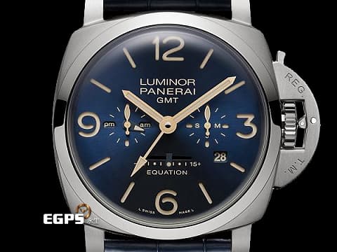 PANERAI 沛納海 Luminor 1950 PAM670 PAM00670 GMT 8日鏈 鈦金屬材質 時間時差顯示功能 月份、日期顯示 第二時區日夜顯示 藍色放射紋面盤  Equation of Time 時間等式 2017年保單 台灣公司貨 配件齊全 動力儲存顯示 手動上鏈 47mm