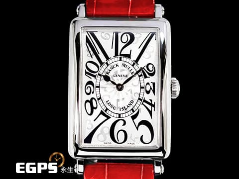 Franck Muller 法蘭穆勒 952 QZ HO LONG ISLAND 不鏽鋼材質 952QZ銀白色面盤放射雕紋面盤 銀色藝術數字時標 原廠紅色鱷魚皮錶帶 石英機芯 26x44mm