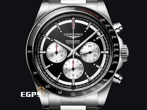 LONGINES 浪琴 Conquest Chronograph 康卡斯 征服者 L38354526 黑熊貓 黑色錶面搭配銀色計時盤 計時碼表 陶瓷錶圈 不鏽鋼 2024年保單 自動上鍊 42mm
