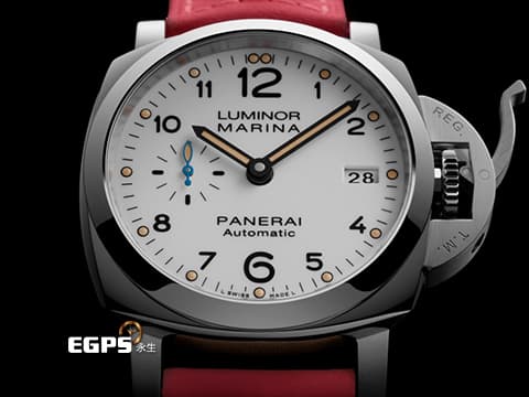 PANERAI 沛納海 Luminor Marina 1950 PAM01523 PAM1523 不鏽鋼材質 藍色小秒針 白色面盤  客製化粉紅錶帶 配件齊全 自動上鍊 42mm