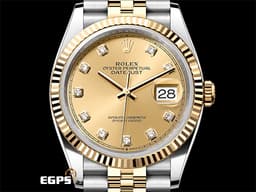 ROLEX 勞力士 蠔式 Datejust 36 蠔式日誌型 126233 <font color="#f5dea8">原廠鑽石時標香檳色面盤 18K黃金 半金款</font> DJ36 經典三角坑紋錶圈 <font color="#FF0000">2025年保卡 紀念型（Jubilee）五株錶帶</font> 自動上鍊 36mm