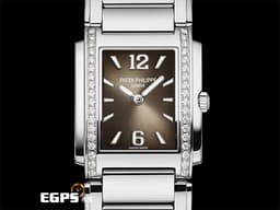 PATEK PHILIPPE 百達翡麗 PP錶 Twenty-4 4910/1200A-010<font color="#fdf2d3"> 原廠鑲鑽  咖啡色面盤</font> <font color="#FF0000"> 2025年保單 受女士歡迎的百達翡麗系列</font> 石英女錶 25x30mm