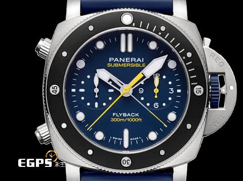 PANERAI 沛納海 Submersible Chrono Flyback PAM1291 藍色面盤 PAM001291 飛返 計時碼錶 三日鍊 冒險家Mike Horn限量版 鈦金屬 陶瓷錶圈 2022年保單 限量500只 潛水錶 自動上鍊 47mm