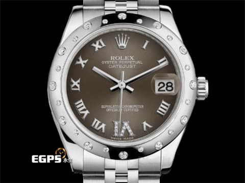 ROLEX 勞力士 Datejust 31 蠔式日誌型 178344 深灰色面盤 不鏽鋼 原廠雪花式鑲嵌鑽石錶圈、VI鑲鑽時標 經典 DJ31 台灣公司貨 紀念型（Jubilee）五銖錶帶 自動上鍊 31mm