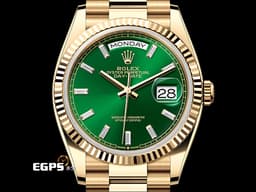 ROLEX 勞力士 Day-Date 36 蠔式 星期日曆型 128238A <font color="#32CD32">亮綠色面盤 原廠梯鑽時標 冰糖面 綠冰糖</font> 18K黃金材質 <font color="#FF0000">2026年保卡 元首型（President）錶帶 總統帶 僅拆錶節試戴</font>&nbsp;DD36  128238 A 自動上鍊 36mm