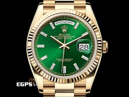 ROLEX 勞力士 Day-Date 36 蠔式 星期日曆型 128238A <font color=#32CD32>亮綠色面盤 原廠梯鑽時標 冰糖面 綠冰糖</font> 18K黃金材質 <font color=#FF0000>2024年保卡 元首型（President）錶帶 總統帶</font> DD36 <font color=#FFFF33>歡迎錶友以 PP、AP、勞力士 來店交換，本店將以最高價評估～</font> 128238 A 自動上鍊 36mm