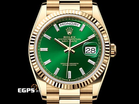 ROLEX 勞力士 Day-Date 36 蠔式 星期日曆型 128238A 亮綠色面盤 原廠梯鑽時標 冰糖面 綠冰糖 18K黃金材質 2024年保卡 元首型（President）錶帶 總統帶 DD36 歡迎錶友以 PP、AP、勞力士 來店交換，本店將以最高價評估～ 128238 A 自動上鍊 36mm