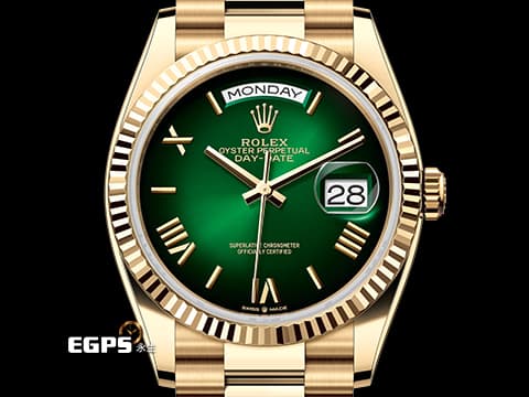ROLEX 勞力士 Day-Date 36 128238 18K黃金材質  漸層綠色面盤 煙燻綠  羅馬數字時標 2026年保卡&nbsp;自動上鍊 36mm