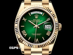ROLEX 勞力士 Day-Date 36 128238 18K黃金材質 <font color="#32CD32"> 漸層綠色面盤 煙燻綠 </font> <font color="#e2e2e2">羅馬數字時標</font> <font color="#FF0000">2026年保卡</font>&nbsp;自動上鍊 36mm