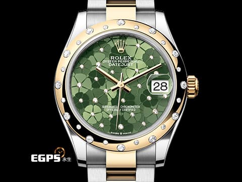 ROLEX 勞力士 DateJust 31 蠔式日誌型 278343RBR 原廠鑽圈、鑲鑽橄欖綠色花朵面盤 繡球花 278343 RBR 半金款 18K黃金 2024年新式保卡 蠔式（Oyster）三節板帶 自動上鍊 31mm