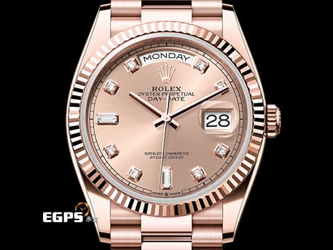 ROLEX 勞力士 Day-Date 36 蠔式 星期日曆型 128235&nbsp;玫瑰金色面盤 原廠鑽石時標 永恆玫瑰金 DD36 經典三角坑紋錶圈 2020年保卡 元首型（President）錶帶 總統帶 自動上鍊 36mm