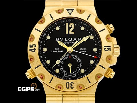 BVLGARI 寶格麗 Diagono Scuba GMT SD 38 G 18K黃金材質 第二地24小時時區顯示 指針式日期顯示&nbsp;整支約5.2兩重 自動上鏈&nbsp;39mm