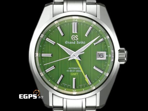 GRAND SEIKO 特級精工 GS 精工 Heritage Collection系列 SBGJ259 高振頻 Hi-beat GMT 兩地時區 Bamboo Garden Path「竹林道」錶盤以竹林小徑為靈感，綠色直條紋錶盤與淺綠色GMT指針，彷彿聽見竹幹互相碰撞發出聲音及竹葉沙沙聲交織著 不鏽鋼 2022年保單 美國限定版 自動上鍊 40mm